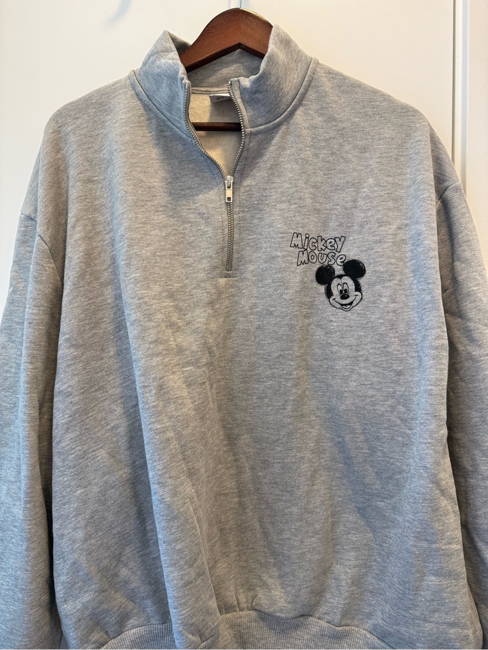 ASOS Light Gray Half-Zip Sweatshirt with Embroidered Mickey Graphic